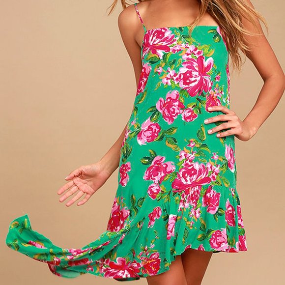 Lulu's Green Pink Floral Midi Dress - Picture 3 of 6